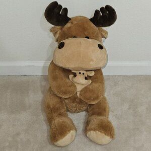 NEW Puzzled 15" Brown Mom Moose Holding 4.5" Baby Plush Stuffed Animal Toy